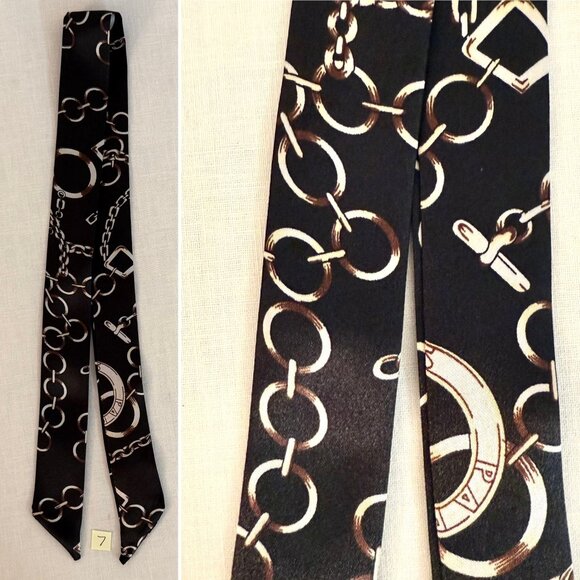 Black Chain Print Slim Silk Scarf Equestrian Glam Minimal Style No22 - Picture 2 of 8